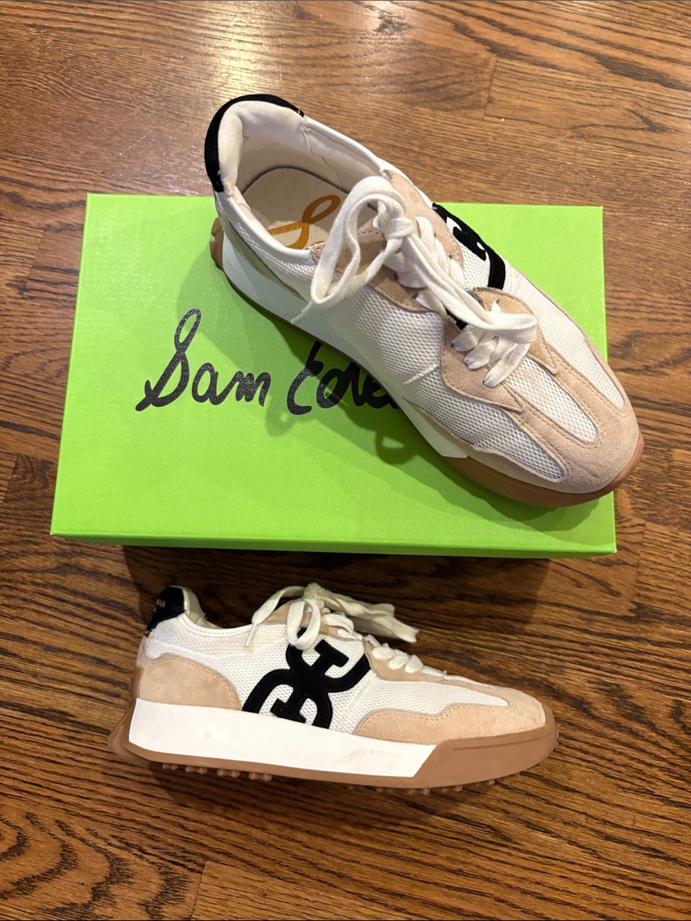 Sam Edelman Langley White, Beige & Black Mesh Suede Sneaker, 7.5